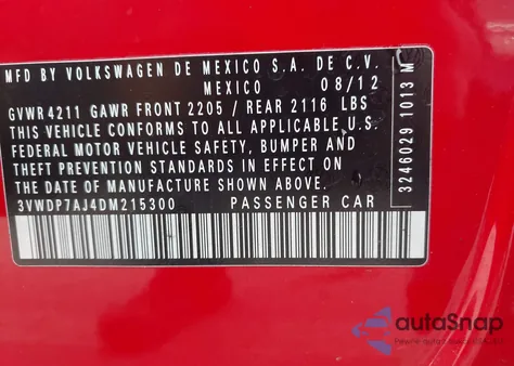 2013 Volkswagen Jetta 2.5L Se from USA, damaged, VIN 3VWDP7AJ4DM215300